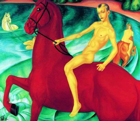 Opis obrazu Kuzmy Petrov Vodkin Kąpiąc się z rudym koniem