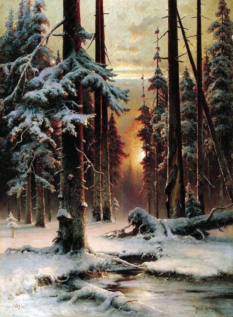 Opis obrazu Juliusa Clovera Zimowy zachód słońca w jodłowym lesie