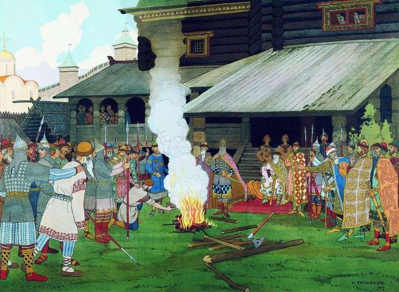 Opis obrazu Iwana Bilibina Dwór w czasach rosyjskiej prawdy