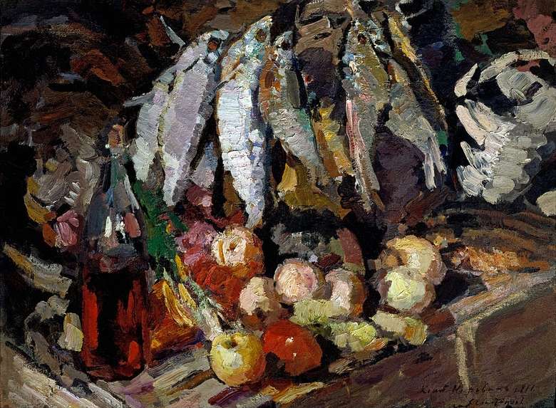 Opis obrazu Konstantina Korovina Ryby, wino i owoce (1916)