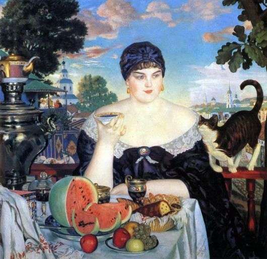 Opis obrazu Borisa Kustodiewa Żona kupca przy herbacie