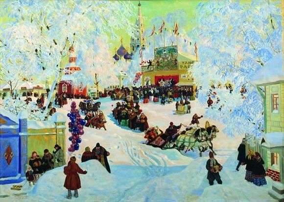 Opis obrazu Borisa Kustodiewa Zima. Uroczystości Maslenitsa 