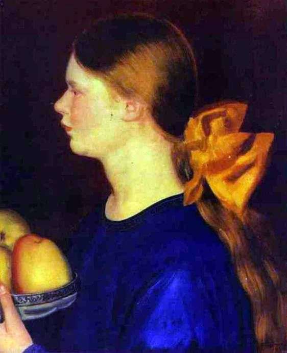 Opis obrazu Borisa Kustodiewa Dziewczyna z jabłkami Irina Kustodieva