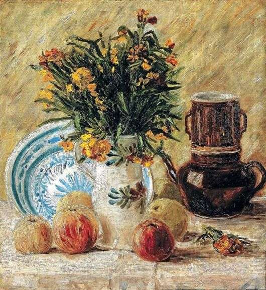 Opis obrazu Vincenta Van Gogha Wazon z kwiatami, dzbankiem do kawy i owocami