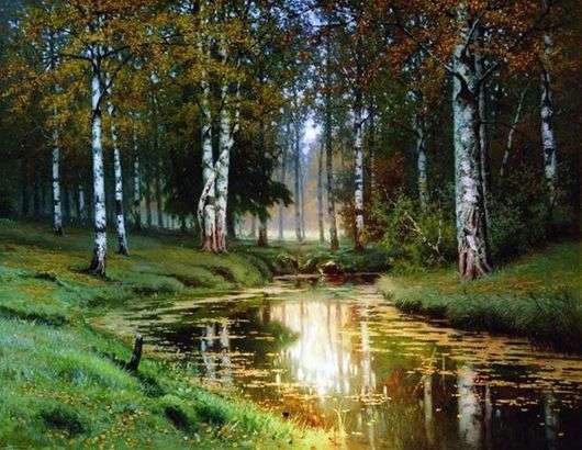Opis obrazu Efima Volkova Złota jesień. Cicha rzeka 